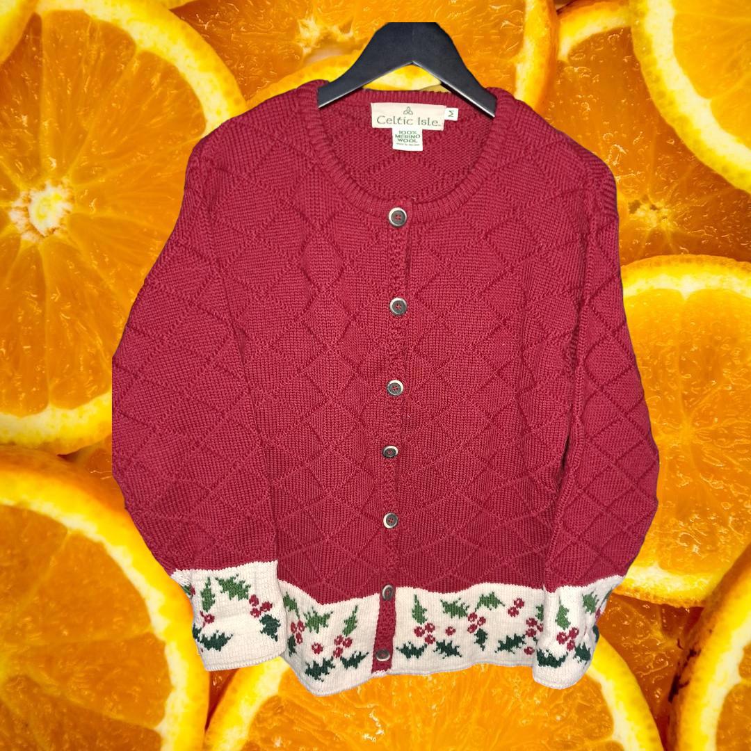 Celtic Isle Red With Holly Button Up Cardigan 100% Merino Wool Size Medium